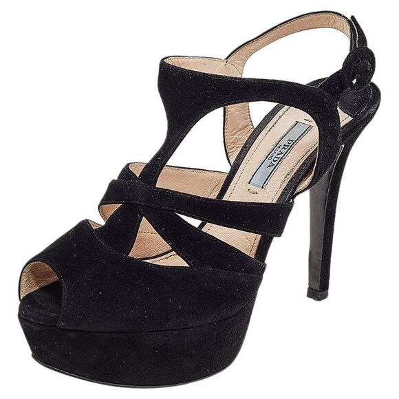 Prada Black Suede Peep Toe Slingback Platform Sandals Size 37.5 - Picture 1 of 4